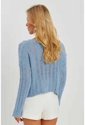 Kadın Mavi V Yaka Ajurlu Triko Bluz YV233-90