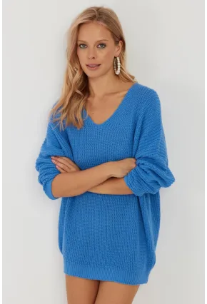 Kadın Mavi V Yaka Salaş Triko Bluz SMT158