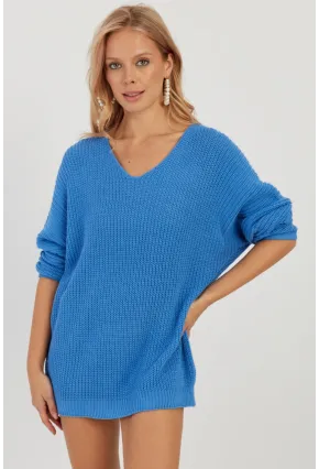 Kadın Mavi V Yaka Salaş Triko Bluz SMT158