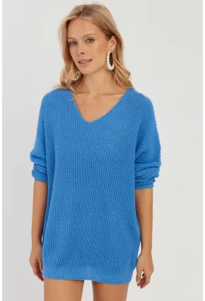 Kadın Mavi V Yaka Salaş Triko Bluz SMT158