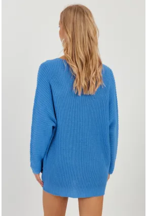 Kadın Mavi V Yaka Salaş Triko Bluz SMT158