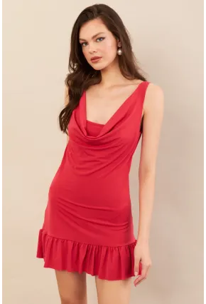 Kadın Mercan Degaje Yaka Mini Elbise COL0078