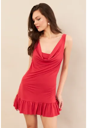 Kadın Mercan Degaje Yaka Mini Elbise COL0078