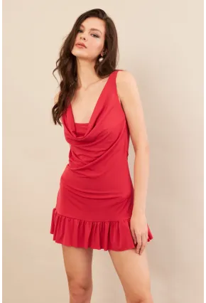 Kadın Mercan Degaje Yaka Mini Elbise COL0078