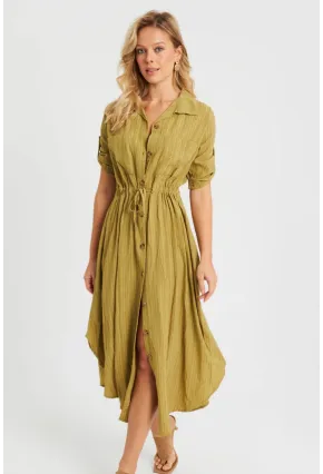 Kadın Midi Gömlek Elbise Haki Q984