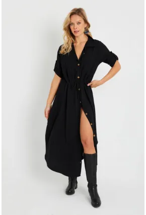 Kadın Midi Gömlek Elbise Siyah Q984