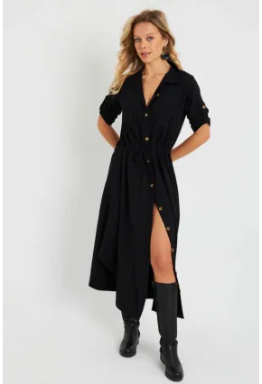 Kadın Midi Gömlek Elbise Siyah Q984