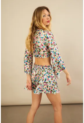 Kadın Multi Desenli Crop Şort Takım KED0131