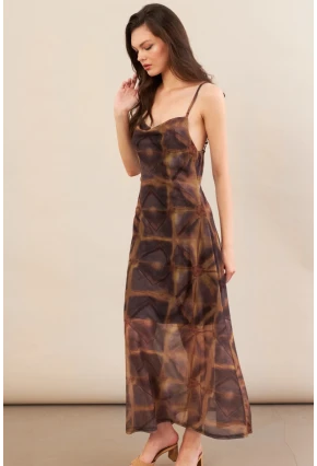 Kadın Multi Sırtı Açık Desenli Midi Tül Elbise İRE992