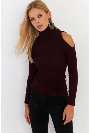 Kadın Mürdüm Omuzları Açık Kaşkorse Bluz HOR04