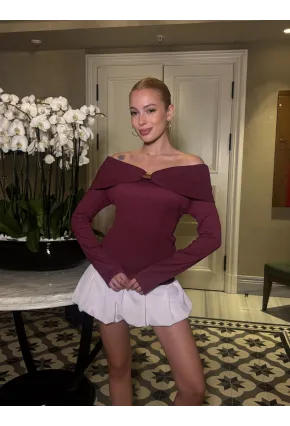 Kadın Omuz Açık Toka Detaylı Bordo Bluz