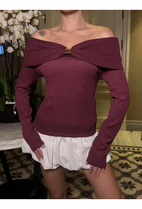 Kadın Omuz Açık Toka Detaylı Bordo Bluz
