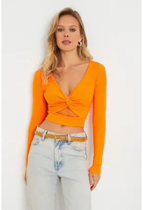 Kadın Önü Düğümlü Crop Bluz Turuncu AYD287