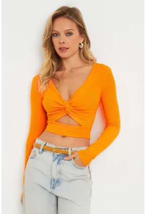 Kadın Önü Düğümlü Crop Bluz Turuncu AYD287