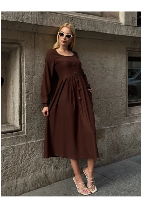 Kadın Ottoman Kumaş Düğme Detay Kahve Elbise