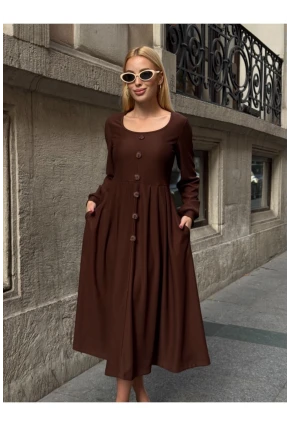 Kadın Ottoman Kumaş Düğme Detay Kahve Elbise