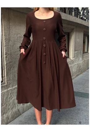 Kadın Ottoman Kumaş Düğme Detay Kahve Elbise