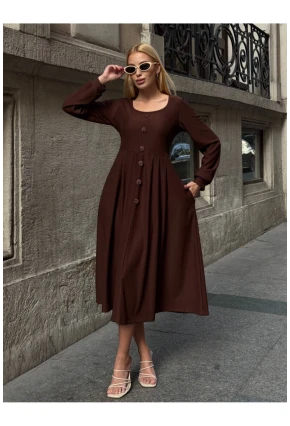 Kadın Ottoman Kumaş Düğme Detay Kahve Elbise