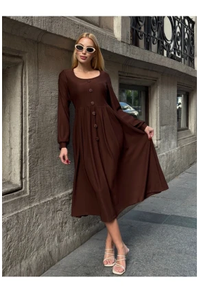Kadın Ottoman Kumaş Düğme Detay Kahve Elbise