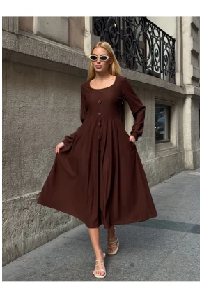 Kadın Ottoman Kumaş Düğme Detay Kahve Elbise