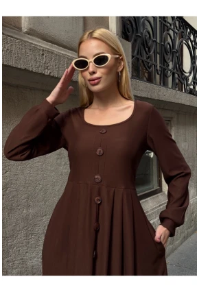 Kadın Ottoman Kumaş Düğme Detay Kahve Elbise