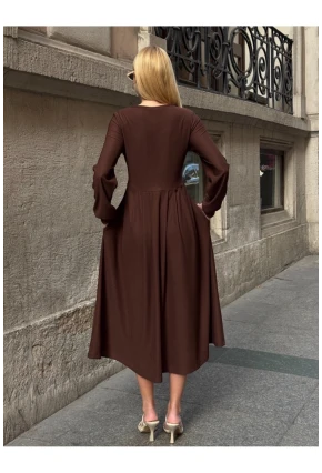Kadın Ottoman Kumaş Düğme Detay Kahve Elbise