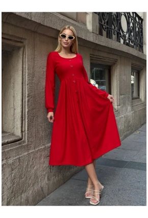 Kadın Ottoman Kumaş Düğme Detay Kırmızı Elbise