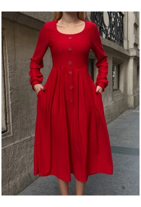Kadın Ottoman Kumaş Düğme Detay Kırmızı Elbise