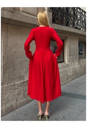 Kadın Ottoman Kumaş Düğme Detay Kırmızı Elbise