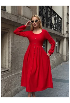 Kadın Ottoman Kumaş Düğme Detay Kırmızı Elbise