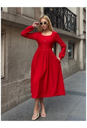 Kadın Ottoman Kumaş Düğme Detay Kırmızı Elbise