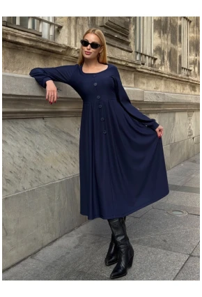 Kadın Ottoman Kumaş Düğme Detay Lacivert Elbise