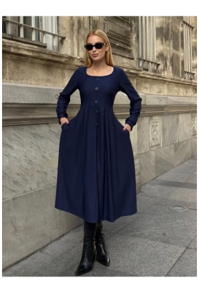 Kadın Ottoman Kumaş Düğme Detay Lacivert Elbise