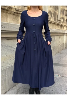 Kadın Ottoman Kumaş Düğme Detay Lacivert Elbise