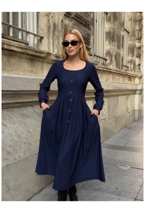 Kadın Ottoman Kumaş Düğme Detay Lacivert Elbise