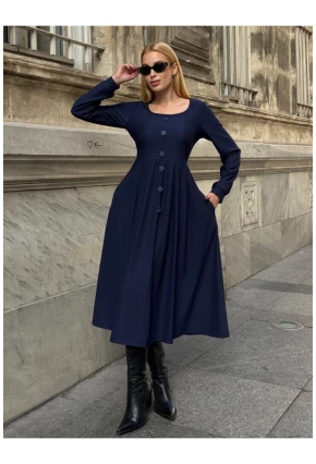Kadın Ottoman Kumaş Düğme Detay Lacivert Elbise