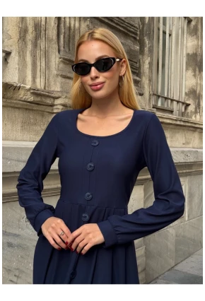 Kadın Ottoman Kumaş Düğme Detay Lacivert Elbise