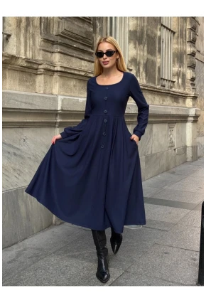 Kadın Ottoman Kumaş Düğme Detay Lacivert Elbise