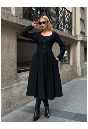 Kadın Ottoman Kumaş Düğme Detay Siyah Elbise