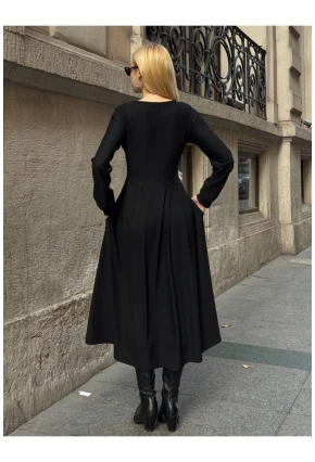 Kadın Ottoman Kumaş Düğme Detay Siyah Elbise