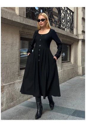 Kadın Ottoman Kumaş Düğme Detay Siyah Elbise