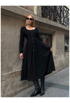 Kadın Ottoman Kumaş Düğme Detay Siyah Elbise