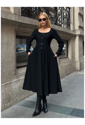 Kadın Ottoman Kumaş Düğme Detay Siyah Elbise