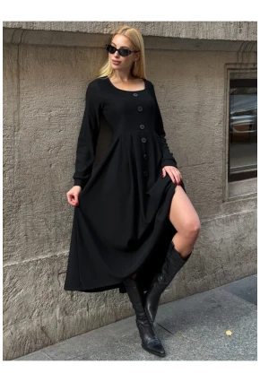 Kadın Ottoman Kumaş Düğme Detay Siyah Elbise