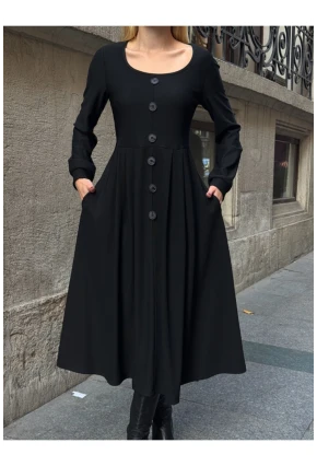 Kadın Ottoman Kumaş Düğme Detay Siyah Elbise