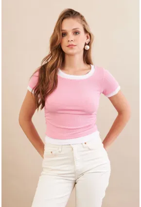 Kadın Pembe Büzgülü Beyaz Garnili Bluz MX9465