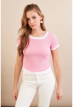 Kadın Pembe Büzgülü Beyaz Garnili Bluz MX9465