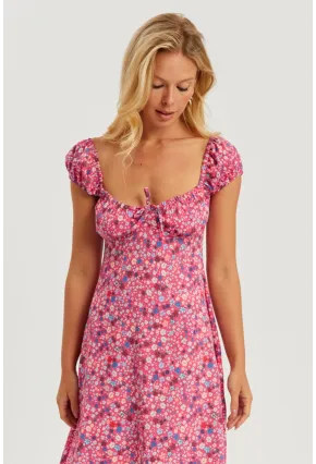 Kadın Pembe Çiçekli Mini Elbise GÇ165