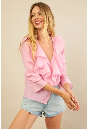 Kadın Pembe Fırfırlı Gömlek DMR487