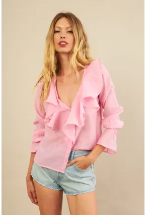 Kadın Pembe Fırfırlı Gömlek DMR487